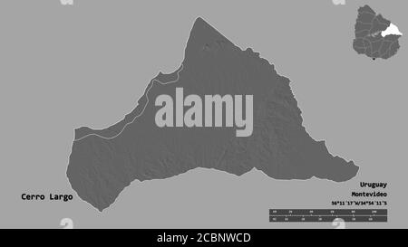 Forma di Cerro Largo, dipartimento dell'Uruguay, con la sua capitale isolata su solido sfondo. Scala della distanza, anteprima della regione ed etichette. Bilevel elevati Foto Stock