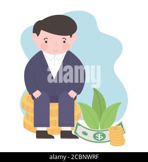 uomo d'affari felice seduto su monete soldi illustrazione del vettore finanziario di affari Illustrazione Vettoriale