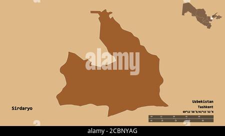Forma di Sirdaryo, regione dell'Uzbekistan, con la sua capitale isolata su solido sfondo. Scala della distanza, anteprima della regione ed etichette. Composizione del brevetto Foto Stock
