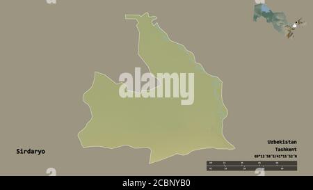 Forma di Sirdaryo, regione dell'Uzbekistan, con la sua capitale isolata su solido sfondo. Scala della distanza, anteprima della regione ed etichette. Rilievo topografico Foto Stock