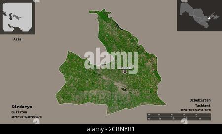 Forma di Sirdaryo, regione dell'Uzbekistan, e la sua capitale. Scala della distanza, anteprime ed etichette. Immagini satellitari. Rendering 3D Foto Stock