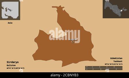 Forma di Sirdaryo, regione dell'Uzbekistan, e la sua capitale. Scala della distanza, anteprime ed etichette. Composizione di texture con motivi. Rendering 3D Foto Stock