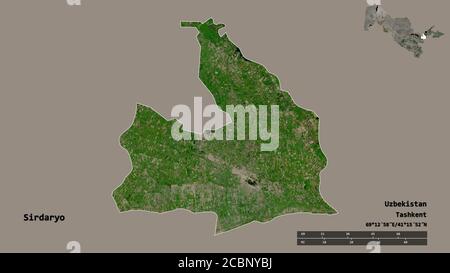Forma di Sirdaryo, regione dell'Uzbekistan, con la sua capitale isolata su solido sfondo. Scala della distanza, anteprima della regione ed etichette. Immagini satellitari. Foto Stock