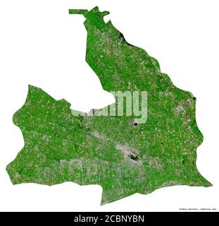 Forma di Sirdaryo, regione dell'Uzbekistan, con la sua capitale isolata su sfondo bianco. Immagini satellitari. Rendering 3D Foto Stock