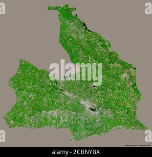 Forma di Sirdaryo, regione dell'Uzbekistan, con la sua capitale isolata su uno sfondo di colore pieno. Immagini satellitari. Rendering 3D Foto Stock