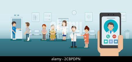 Prenota il medico online con la mano tenere telefono cellulare piano design illustrazione vettoriale Illustrazione Vettoriale