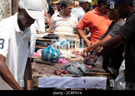 Cartagena Columbia lavoratori del mercato del pesce acquirenti. 5064. Mercato dei gamberetti freschi crudi di Cartagena Columbia. Storico povero quartiere mercato all'aperto. Carne fresca cruda, carne di manzo, maiale e pesce preparati in condizioni di caldo sanitario. Ambiente sporco e puzzolente con cibo marcio. Ristoranti locali e negozi. Foto Stock