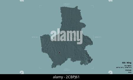 Area di Đăk Nông, provincia del Vietnam, isolata su uno sfondo solido in una scatola di delimitazione georeferenziata. Etichette. Mappa di elevazione colorata. Rendering 3D Foto Stock