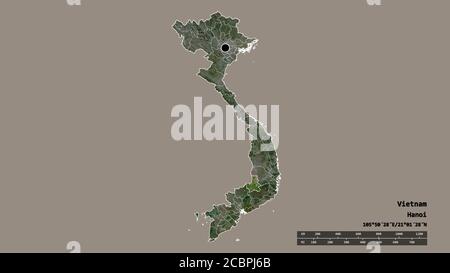 Forma desaturata del Vietnam con la sua capitale, la principale divisione regionale e la zona separata di Đăk Nông. Etichette. Immagini satellitari. Rendering 3D Foto Stock