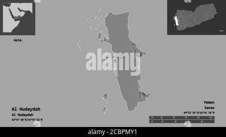 Forma di al Hudaydah, governatorato dello Yemen, e la sua capitale. Scala della distanza, anteprime ed etichette. Mappa elevazione bilivello. Rendering 3D Foto Stock