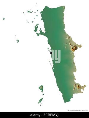 Forma di al Hudaydah, governatorato dello Yemen, con la sua capitale isolata su sfondo bianco. Mappa di rilievo topografico. Rendering 3D Foto Stock