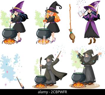 Set di wizard o streghe con strumenti magici stile cartoon isolato su sfondo bianco illustrazione Illustrazione Vettoriale