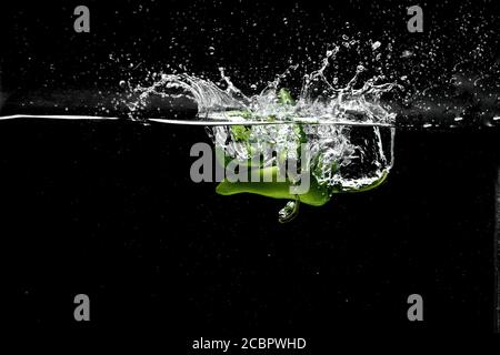 Freeze Motion di peperoni Jalapeno con acqua Splash su nero sfondo Foto Stock