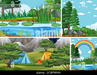 Quattro scene diverse in natura impostazione cartoon stile illustrazione Illustrazione Vettoriale