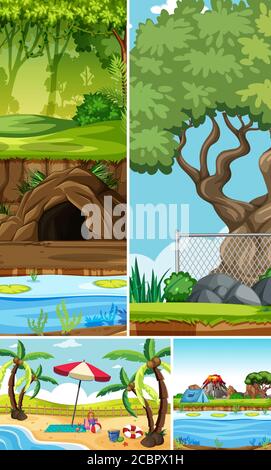 Quattro scene diverse in natura impostazione cartoon stile illustrazione Illustrazione Vettoriale