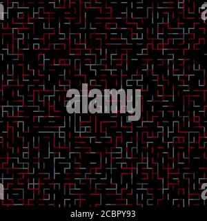 Ripetizione geometrica di linee casuali. Astratta tecnologia sfondo scuro con forme geometriche rosse e grigie tessellazioni su nero. Reticolo astratto lineare, Illustrazione Vettoriale
