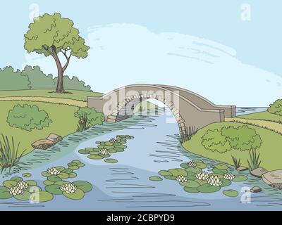 Bridge River grafico colore disegno orizzontale vettore illustrazione Illustrazione Vettoriale