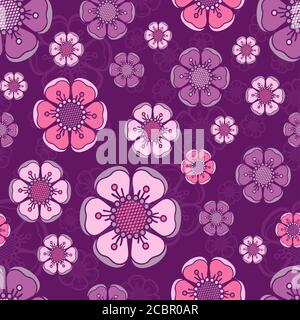 Motivo estivo floreale con fiori astratti in colori retrò, sfondo vettoriale senza cuciture. Per tessuti di moda, stoffa, sfondi. Illustrazione Vettoriale