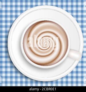 Vista dall'alto della tazza di caffè bianca su un panno con motivi a forma di gingham blu. Tazza completa di cappuccino, cioccolata calda, caffè e panna, schiuma di latte. Tazza di caffè con tappo vie Illustrazione Vettoriale