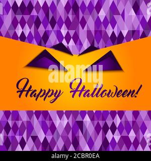 Biglietto d'auguri Happy Halloween, motivo geometrico astratto, forme a diamante. Colori tradizionali per sfondo Halloween, giallo, arancione, viola. Hallow Illustrazione Vettoriale