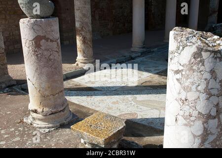 Cartagine Tunisia, rovine di villa romana con pavimento a mosaico Foto Stock