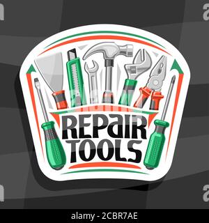 Logo vettoriale per attrezzi di riparazione, logo decorativo bianco con illustrazione di vari attrezzi di riparazione in gomma e acciaio, concetto con lettere uniche per parole Illustrazione Vettoriale