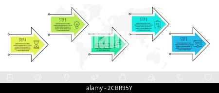 Frecce infografiche vettoriali con 5 passi, icone. Può essere utilizzato per diagrammi, attività, Web, diagrammi di flusso, grafici informativi, timeline, livelli, grafici, processi Illustrazione Vettoriale