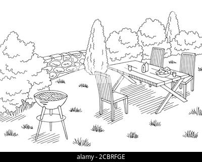 Grafica barbecue bianco nero disegno orizzontale vettore illustrazione Illustrazione Vettoriale