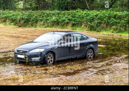 Bantry, West Cork, Irlanda. 15 agosto 2020. Un'auto si è schiantata in un campo vicino Bantry durante la notte, saltando un fossato di 10 piedi nel processo. La macchina si è scovata dalla strada, su un fossato, attraverso una recinzione e si è riposata in una piscina d'acqua all'interno del campo. Il conducente non doveva essere visto quando questa foto è stata scattata. Credit: AG News/Alamy Live News Foto Stock