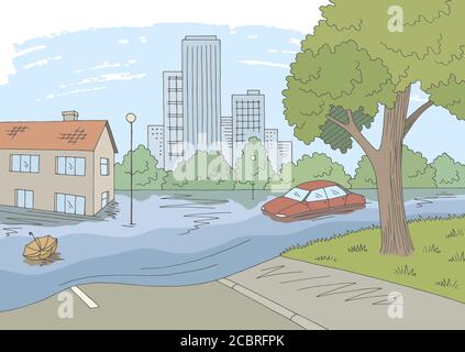 Grafico a colori flood grafico orizzontale città disegno vettore Illustrazione Vettoriale