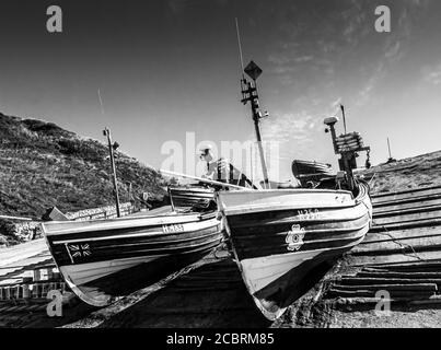 Calli da pesca a Thornwick Bay, sbarco nord vicino a Flamborough Head, North Yorkshire. Foto Stock