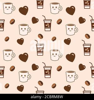 Modello vettoriale senza giunture di tazze e tazze da caffè con chicchi di caffè e cuori piccoli su fondo cremosa. Stampa T-shirt, stampa di moda. Illustrazione Vettoriale