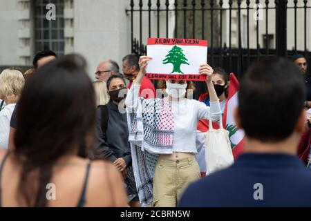 Londra, Regno Unito. 15 agosto 2020. La gente protesta a Whitehall contro la corruzione nel governo libanese, a seguito dell'enorme esplosione di Beirut. Credit: Liam Asman/Alamy Live News Foto Stock