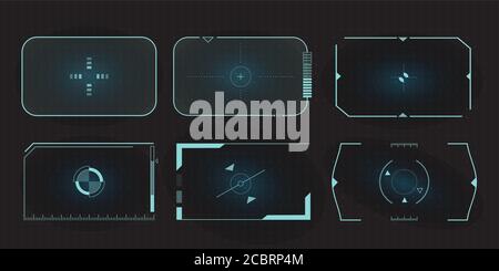 Futuristici frame HUD per schermo di destinazione e pannello di controllo Border AIM. Set di elementi dello schermo dell'interfaccia utente Sci Fi per l'interfaccia utente UX Gaming. Illustrazione Vettoriale