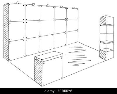 Mostra stand grafico interno nero bianco illustrazione schizzo vettore Illustrazione Vettoriale