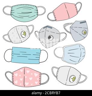Set di maschere facciali e respiratori di protezione - vari modelli. Simpatico cartoon vettore illustrazione, isolato. Blu, rosa, grigio e aqua Illustrazione Vettoriale