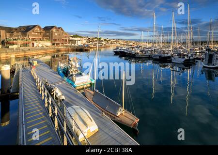 Barche a Falmouth in Cornovaglia catturate dalla passerella accanto al Museo Marittimo Nazionale una mattina all'inizio di agosto. Foto Stock