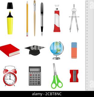 Set di forniture scolastiche. Illustrazione realistica degli accessori scolastici Illustrazione Vettoriale