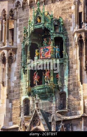 Torre dell'Orologio o Glockenspiel closeup, sezione del gioco della campana, Monaco, Germania. Dettaglio di Rathaus (nuovo Municipio) con jingle nel centro di Monaco. Lo è Foto Stock