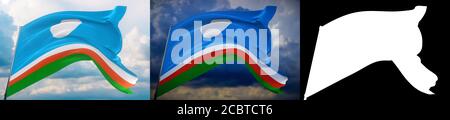 Bandiera della Repubblica di Sakha. Illustrazione 3D in primo piano ad alta risoluzione. Bandiere dei soggetti federali della Russia. Set di 2 flag e immagine alfa opaca Foto Stock