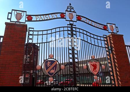 Bob Paisley Gateway Gates, LFC, Liverpool Football Club, Anfield, Premier League, Merseyside, North West England, UK, L4 2UZ Foto Stock