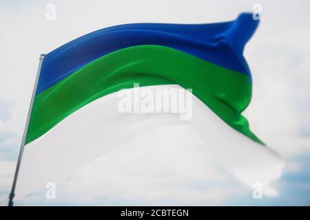 Bandiera di Komi. Illustrazione 3D in primo piano ad alta risoluzione. Bandiere dei soggetti federali della Russia. Foto Stock