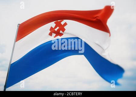 Bandiera di Komi-Permyak Okrug. Illustrazione 3D in primo piano ad alta risoluzione. Bandiere dei soggetti federali della Russia. Foto Stock