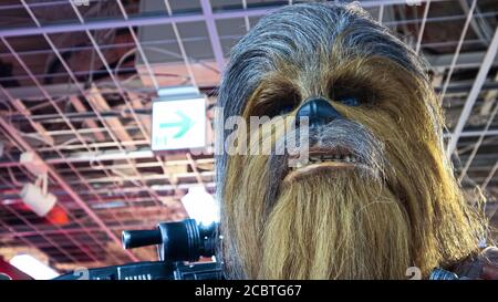Primo piano della statua di Chewbacca in Links Umeda, Osaka. È un Wookiee, una specie alta, hirsute biped e intelligente dal pianeta Kashyyyyk. Foto Stock