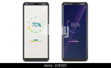 Smartphone con barra di avanzamento. Schermata UI di caricamento, caricamento del download o qualsiasi processo. Telefono in X dimensioni. Versione giorno e notte. Illustrazione vettoriale 3D Illustrazione Vettoriale