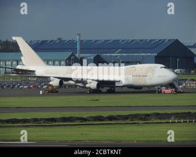 N852FT, un Boeing 747 precedentemente gestita da Polar Air Cargo, prima di essere suddivisi e demolito presso l'Aeroporto di Prestwick in Ayrshire. Foto Stock