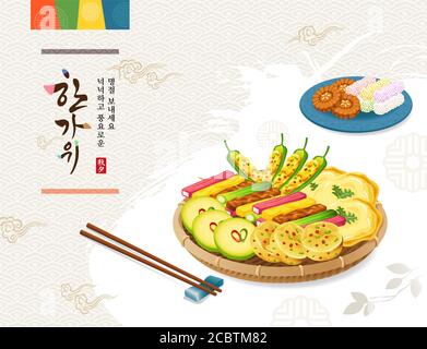 Giorno del Ringraziamento coreano. Cibo tradizionale di vacanza, frittelle dolci, dessert. Raccolto ricco e Hangawi, traduzione coreana. Illustrazione Vettoriale