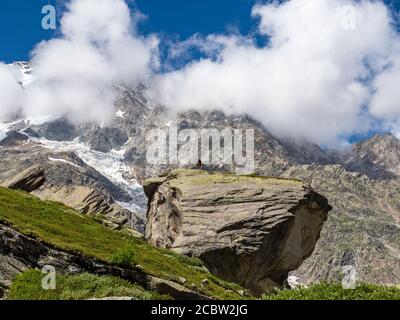 Dufourspitze dalla valle di Macugnaga allo chalet Zamboni Zappa Foto Stock