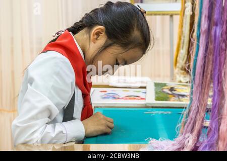 Pioniera nordcoreana nel palazzo dei bambini di Mangyongdae, Corea del Nord Foto Stock
