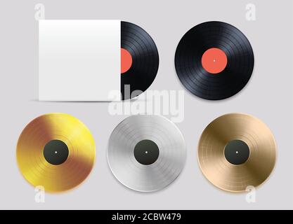 Set di dischi in vinile. Nero, oro, argento, bronzo record per premio o certificazione. Vettore isolato su sfondo bianco. Illustrazione Vettoriale